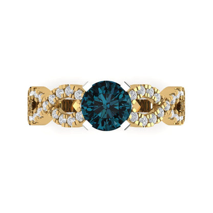 1.42 cttw Natural London Blue Topaz Solitaire with Zirconia Simulated Diamond Accents Engagement Ring - Solid Yellow/White Gold (VVS1, Round Cut,6.5mm)