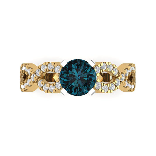 1.42 cttw Natural London Blue Topaz Solitaire with Zirconia Simulated Diamond Accents Engagement Ring - Solid Yellow/White Gold (VVS1, Round Cut,6.5mm)