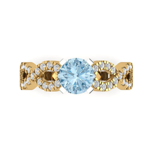 1.42 cttw Natural Swiss Blue Topaz Solitaire with Zirconia Simulated Diamond Accents Engagement Ring - Solid Yellow/White Gold (VVS1, Round Cut,6.5mm)