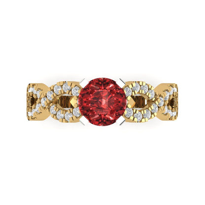 1.42 cttw Natural Garnet Solitaire with Zirconia Simulated Diamond Accents Engagement Ring - Solid Yellow/White Gold (VVS1, Round Cut,6.5mm)