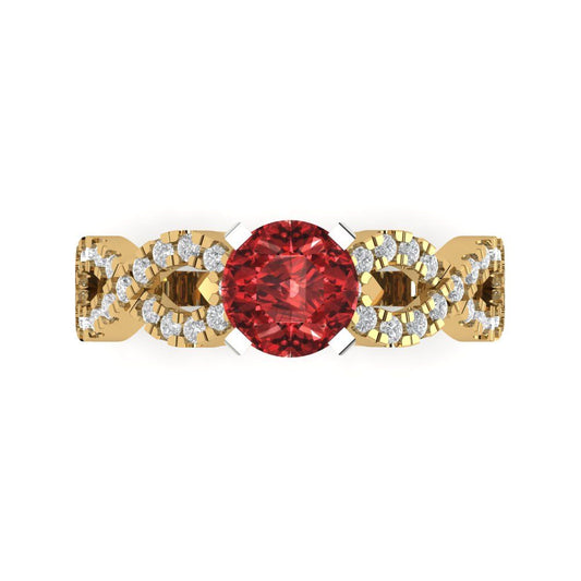 1.42 cttw Natural Garnet Solitaire with Zirconia Simulated Diamond Accents Engagement Ring - Solid Yellow/White Gold (VVS1, Round Cut,6.5mm)