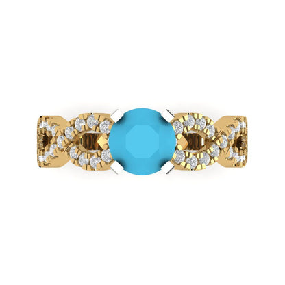 1.42 cttw Simulated Turquoise Solitaire with Zirconia Simulated Diamond Accents Engagement Ring - Solid Yellow/White Gold (VVS1, Round Cut,6.5mm)