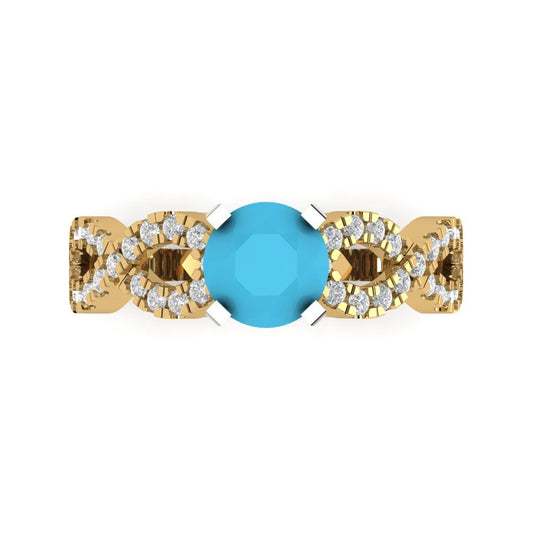 1.42 cttw Simulated Turquoise Solitaire with Zirconia Simulated Diamond Accents Engagement Ring - Solid Yellow/White Gold (VVS1, Round Cut,6.5mm)
