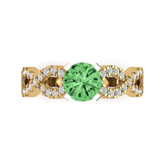 1.42 cttw Zirconia Simulated Green Diamond Solitaire with Zirconia Simulated Diamond Accents Engagement Ring - Solid Yellow/White Gold (VVS1, Round Cut,6.5mm)