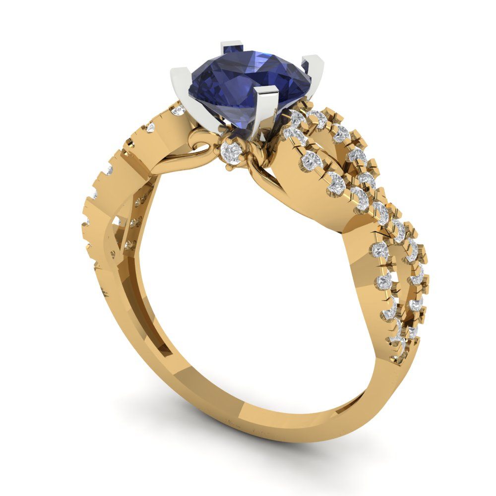 1.42 cttw Simulated Blue Sapphire Solitaire with Zirconia Simulated Diamond Accents Engagement Ring - Solid Yellow/White Gold (VVS1, Round Cut,6.5mm)