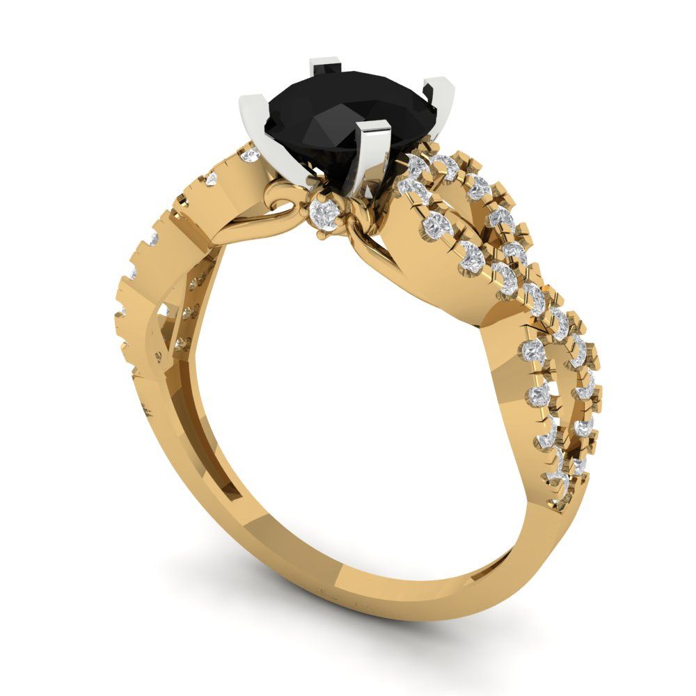 1.42 cttw Natural Onyx Solitaire with Zirconia Simulated Diamond Accents Engagement Ring - Solid Yellow/White Gold (VVS1, Round Cut,6.5mm)