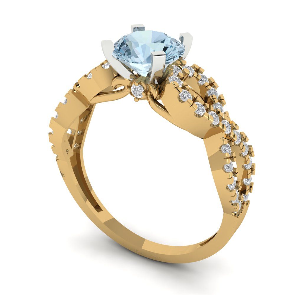1.42 cttw Natural Aquamarine Solitaire with Zirconia Simulated Diamond Accents Engagement Ring - Solid Yellow/White Gold (VVS1, Round Cut,6.5mm)
