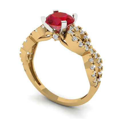 1.42 cttw Simulated Ruby Solitaire with Zirconia Simulated Diamond Accents Engagement Ring - Solid Yellow/White Gold (VVS1, Round Cut,6.5mm)