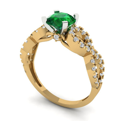 1.42 cttw Simulated Emerald Solitaire with Zirconia Simulated Diamond Accents Engagement Ring - Solid Yellow/White Gold (VVS1, Round Cut,6.5mm)