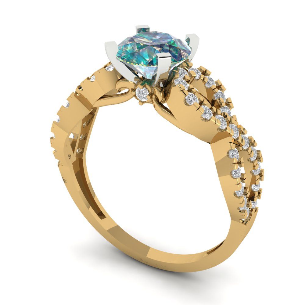 1.42 cttw Blue Moissanite Solitaire with Zirconia Simulated Diamond Accents Engagement Ring - Solid Yellow/White Gold (VVS1, Round Cut,6.5mm)