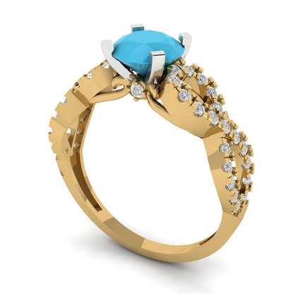 1.42 cttw Simulated Turquoise Solitaire with Zirconia Simulated Diamond Accents Engagement Ring - Solid Yellow/White Gold (VVS1, Round Cut,6.5mm)