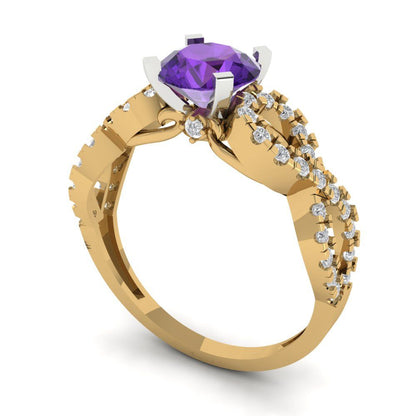 1.42 cttw Natural Amethyst Solitaire with Zirconia Simulated Diamond Accents Engagement Ring - Solid Yellow/White Gold (VVS1, Round Cut,6.5mm)