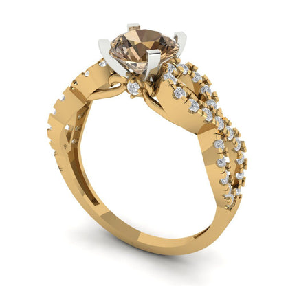 1.42 cttw Zirconia Simulated Champagne Diamond Solitaire with Zirconia Simulated Diamond Accents Engagement Ring - Solid Yellow/White Gold (VVS1, Round Cut,6.5mm)