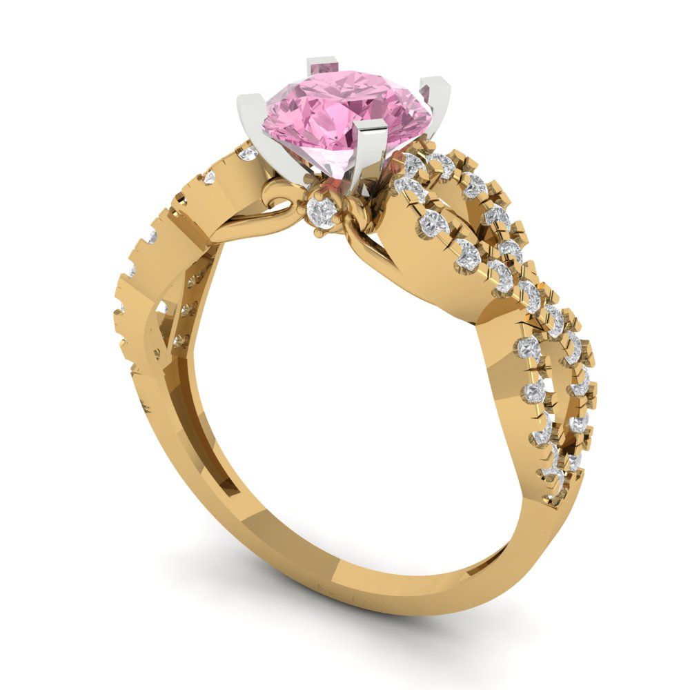 1.42 cttw Zirconia Simulated Pink Diamond Solitaire with Zirconia Simulated Diamond Accents Engagement Ring - Solid Yellow/White Gold (VVS1, Round Cut,6.5mm)