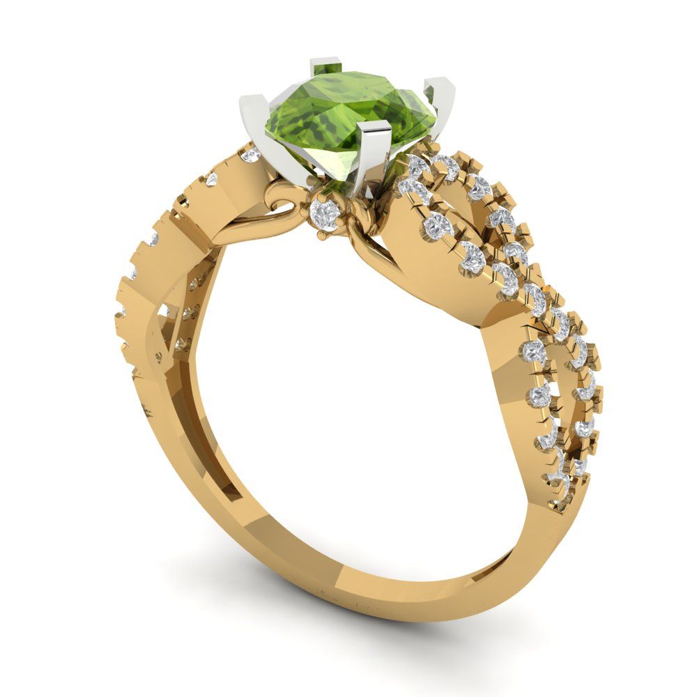1.42 cttw Natural Peridot Solitaire with Zirconia Simulated Diamond Accents Engagement Ring - Solid Yellow/White Gold (VVS1, Round Cut,6.5mm)