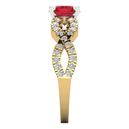 1.42 cttw Simulated Ruby Solitaire with Zirconia Simulated Diamond Accents Engagement Ring - Solid Yellow/White Gold (VVS1, Round Cut,6.5mm)