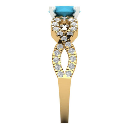 1.42 cttw Simulated Turquoise Solitaire with Zirconia Simulated Diamond Accents Engagement Ring - Solid Yellow/White Gold (VVS1, Round Cut,6.5mm)