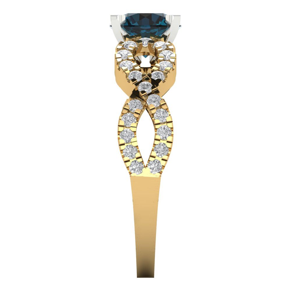 1.42 cttw Natural London Blue Topaz Solitaire with Zirconia Simulated Diamond Accents Engagement Ring - Solid Yellow/White Gold (VVS1, Round Cut,6.5mm)