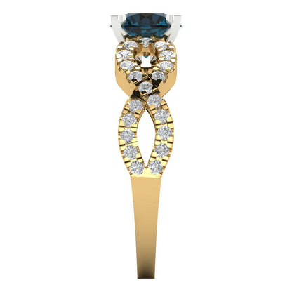 1.42 cttw Natural London Blue Topaz Solitaire with Zirconia Simulated Diamond Accents Engagement Ring - Solid Yellow/White Gold (VVS1, Round Cut,6.5mm)