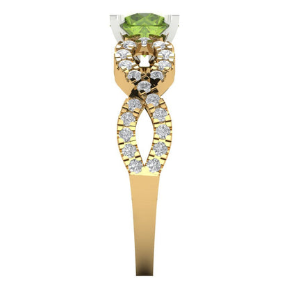 1.42 cttw Natural Peridot Solitaire with Zirconia Simulated Diamond Accents Engagement Ring - Solid Yellow/White Gold (VVS1, Round Cut,6.5mm)