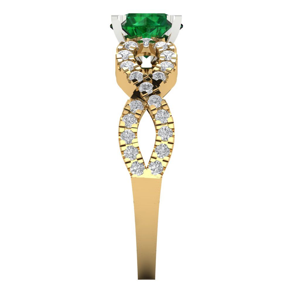 1.42 cttw Simulated Emerald Solitaire with Zirconia Simulated Diamond Accents Engagement Ring - Solid Yellow/White Gold (VVS1, Round Cut,6.5mm)