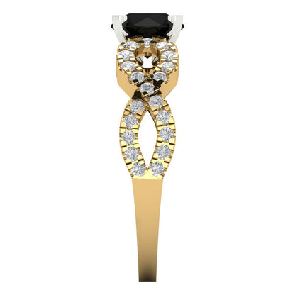 1.42 cttw Natural Onyx Solitaire with Zirconia Simulated Diamond Accents Engagement Ring - Solid Yellow/White Gold (VVS1, Round Cut,6.5mm)