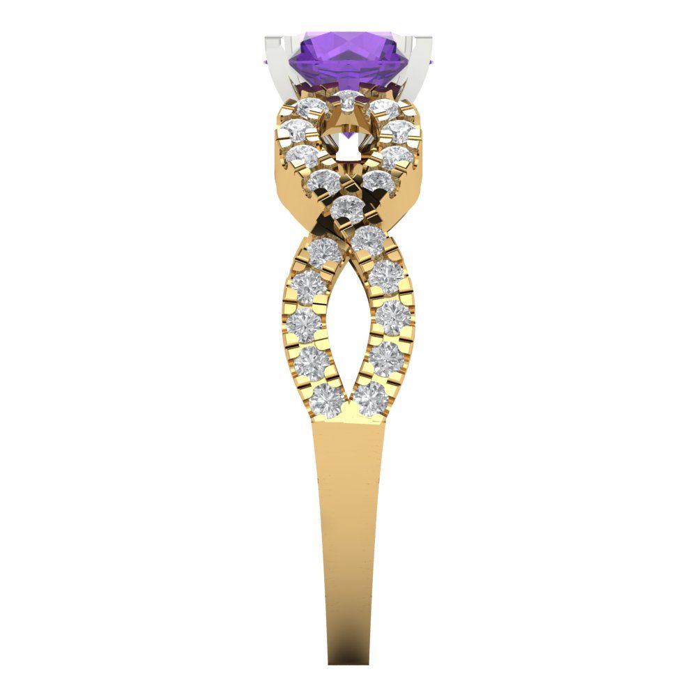 1.42 cttw Natural Amethyst Solitaire with Zirconia Simulated Diamond Accents Engagement Ring - Solid Yellow/White Gold (VVS1, Round Cut,6.5mm)