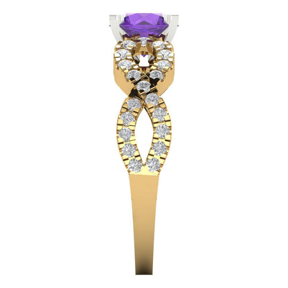 1.42 cttw Natural Amethyst Solitaire with Zirconia Simulated Diamond Accents Engagement Ring - Solid Yellow/White Gold (VVS1, Round Cut,6.5mm)