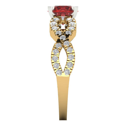 1.42 cttw Natural Garnet Solitaire with Zirconia Simulated Diamond Accents Engagement Ring - Solid Yellow/White Gold (VVS1, Round Cut,6.5mm)