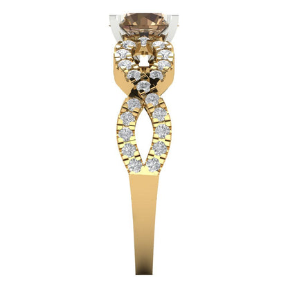 1.42 cttw Zirconia Simulated Champagne Diamond Solitaire with Zirconia Simulated Diamond Accents Engagement Ring - Solid Yellow/White Gold (VVS1, Round Cut,6.5mm)