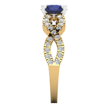 1.42 cttw Simulated Blue Sapphire Solitaire with Zirconia Simulated Diamond Accents Engagement Ring - Solid Yellow/White Gold (VVS1, Round Cut,6.5mm)
