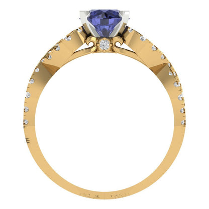 1.42 cttw Simulated Tanzanite Solitaire with Zirconia Simulated Diamond Accents Engagement Ring - Solid Yellow/White Gold (VVS1, Round Cut,6.5mm)