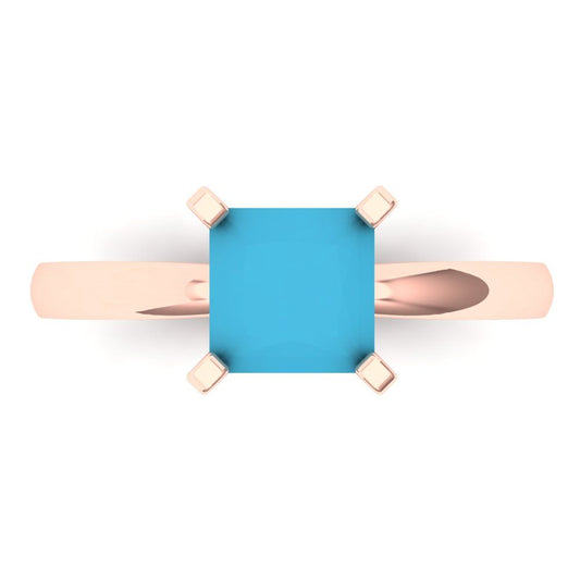 1.5 cttw Simulated Turquoise Solitaire  Engagement Ring - Solid Rose Gold (VVS1, Princess Cut,6.5mm)