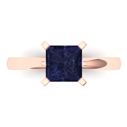 1.5 cttw Simulated Blue Sapphire Solitaire  Engagement Ring - Solid Gold (Princess Cut,6.5mm)