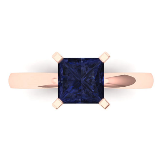 1.5 cttw Simulated Blue Sapphire Solitaire  Engagement Ring - Solid Rose Gold (VVS1, Princess Cut,6.5mm)