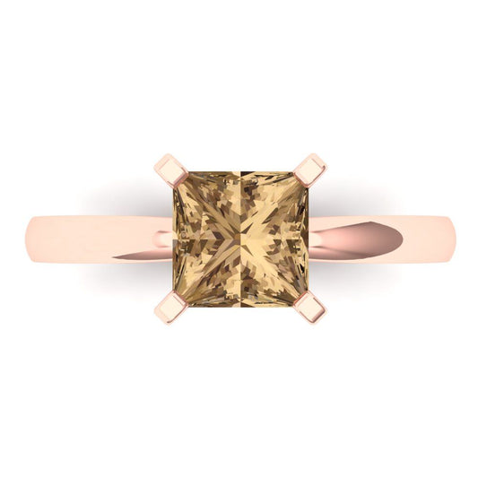 1.5 cttw Zirconia Simulated Champagne Diamond Solitaire  Engagement Ring - Solid Rose Gold (VVS1, Princess Cut,6.5mm)