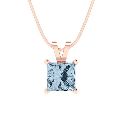 1 tcw Necklace Pendant - 14K White Gold Princess Cut Solitaire  Aquamarine - Adjustable Length - 15in Box Chain to 18in