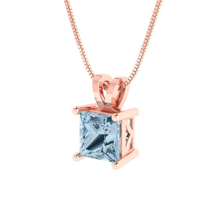 1 tcw Necklace Pendant - 14K White Gold Princess Cut Solitaire  Swiss Blue Topaz - Adjustable Length - 15in Box Chain to 18in