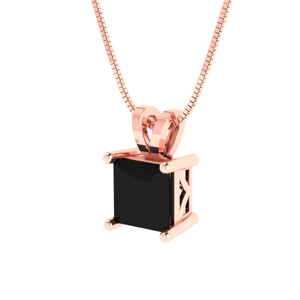 1 ct Brilliant Princess Cut Solitaire Natural Onyx Stone Rose Gold Pendant with 16" Chain