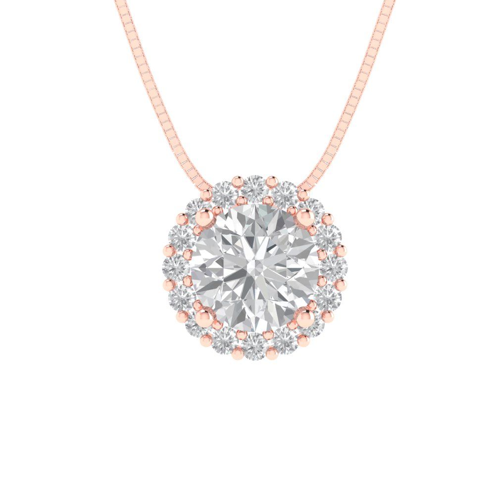 1.16 tcw Necklace Pendant - 14K White Gold Round Cut Halo Zirconia Diamond - Adjustable Length - 15in Box Chain to 18in