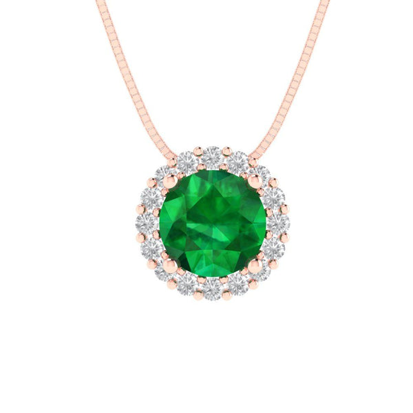 1.24 ct Brilliant Round Cut Halo Simulated Emerald Stone Rose Gold Pendant with 16" Chain