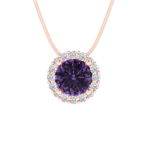 1.24 ct Brilliant Round Cut Halo Simulated Alexandrite Stone Rose Gold Pendant with 16" Chain