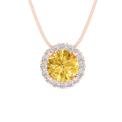 1.16 tcw Necklace Pendant - 14K White Gold Round Cut Halo Citrine - Adjustable Length - 15in Box Chain to 18in