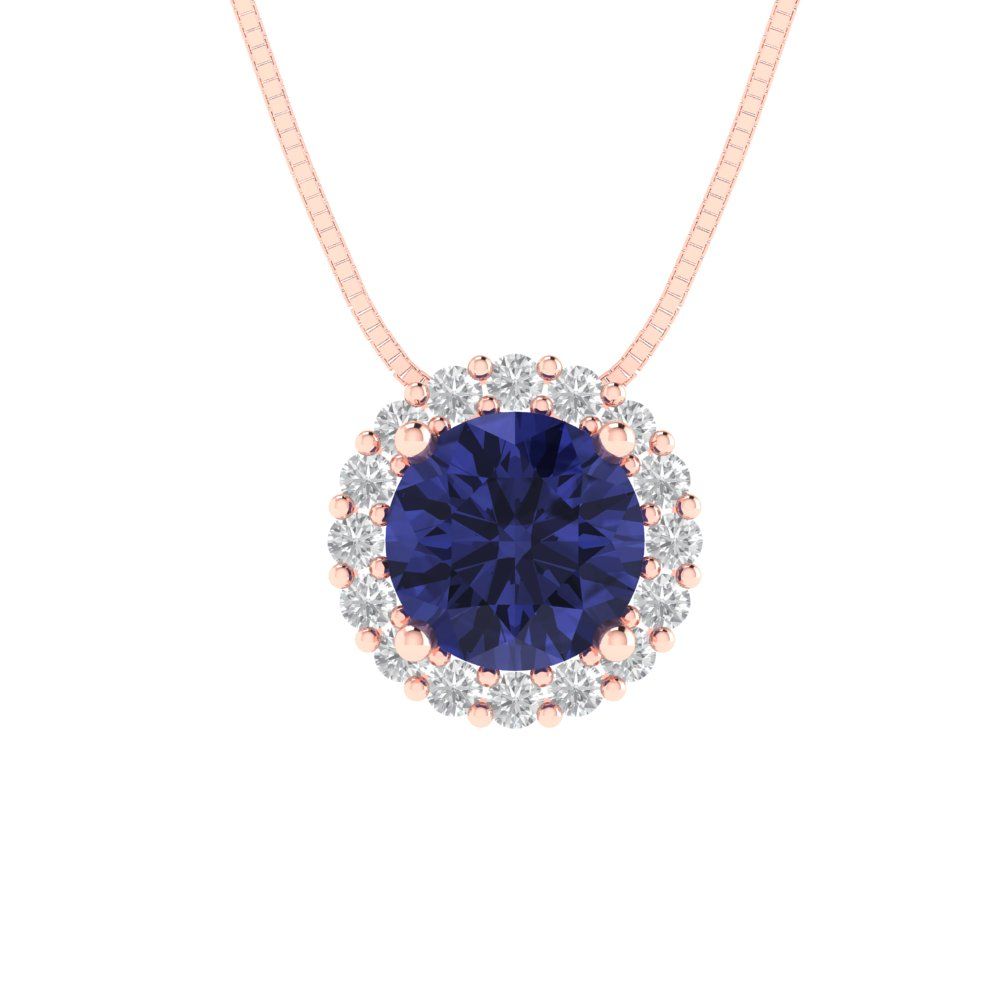 1.16 tcw Necklace Pendant - 14K White Gold Round Cut Halo Tanzanite - Adjustable Length - 15in Box Chain to 18in