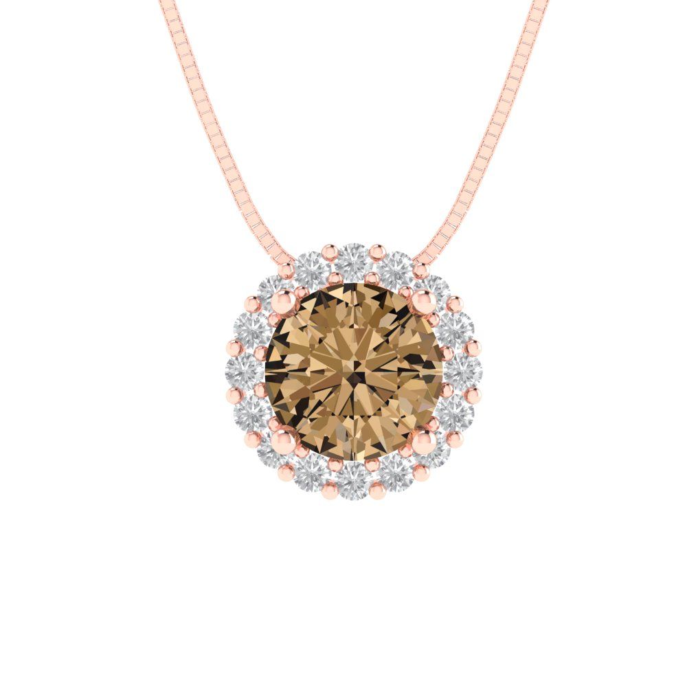 1.16cttw Round Cut Champagne Gold-Plated 925 Silver Pendant and 16" Box-Chain Necklace