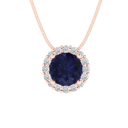 1.16 tcw Necklace Pendant - 14K White Gold Round Cut Halo Bluesapphire - Adjustable Length - 15in Box Chain to 18in