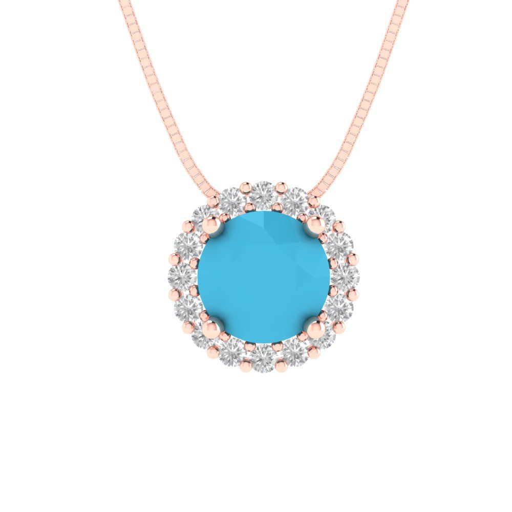 1.16 tcw Necklace Pendant - 14K White Gold Round Cut Halo Turquoise - Adjustable Length - 15in Box Chain to 18in