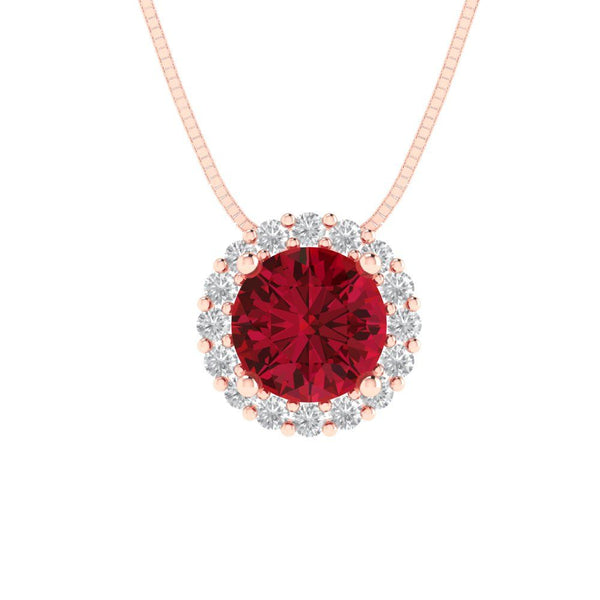1.24 ct Brilliant Round Cut Halo Simulated Pink Tourmaline Stone Rose Gold Pendant with 16" Chain