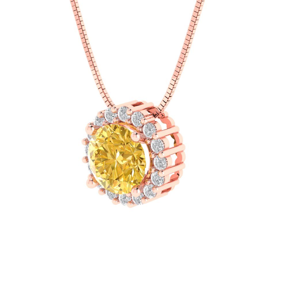 1.16 tcw Necklace Pendant - 14K White Gold Round Cut Halo Yellow - Adjustable Length - 15in Box Chain to 18in