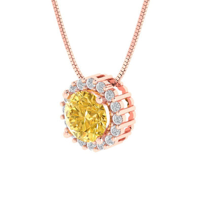 1.16 tcw Necklace Pendant - 14K White Gold Round Cut Halo Yellow - Adjustable Length - 15in Box Chain to 18in